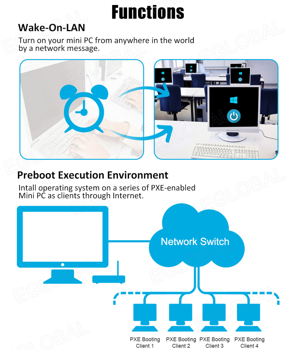 Functions Wake-On-LAN Turn on your mini PC from anywhere in the world by a network message. Preboot Execution Environment Intall operating system on a series of PXE-enabled Mini PC as clients through Internet. PXE Booting PXE Booting PXE Booting PXE Booting Client 1 Client 2 Client 3 Client 4