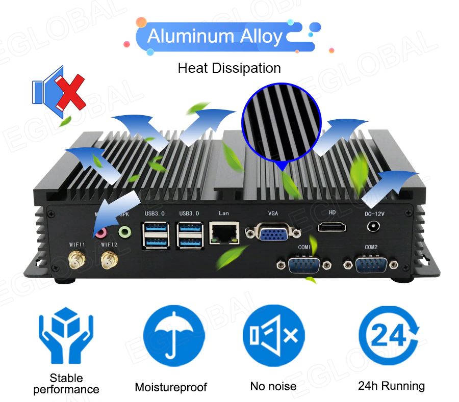 Image of powerful computer with passive cooling for industrial applications: in commerce, production, offices. Well equipped with interfaces for connecting different peripherals