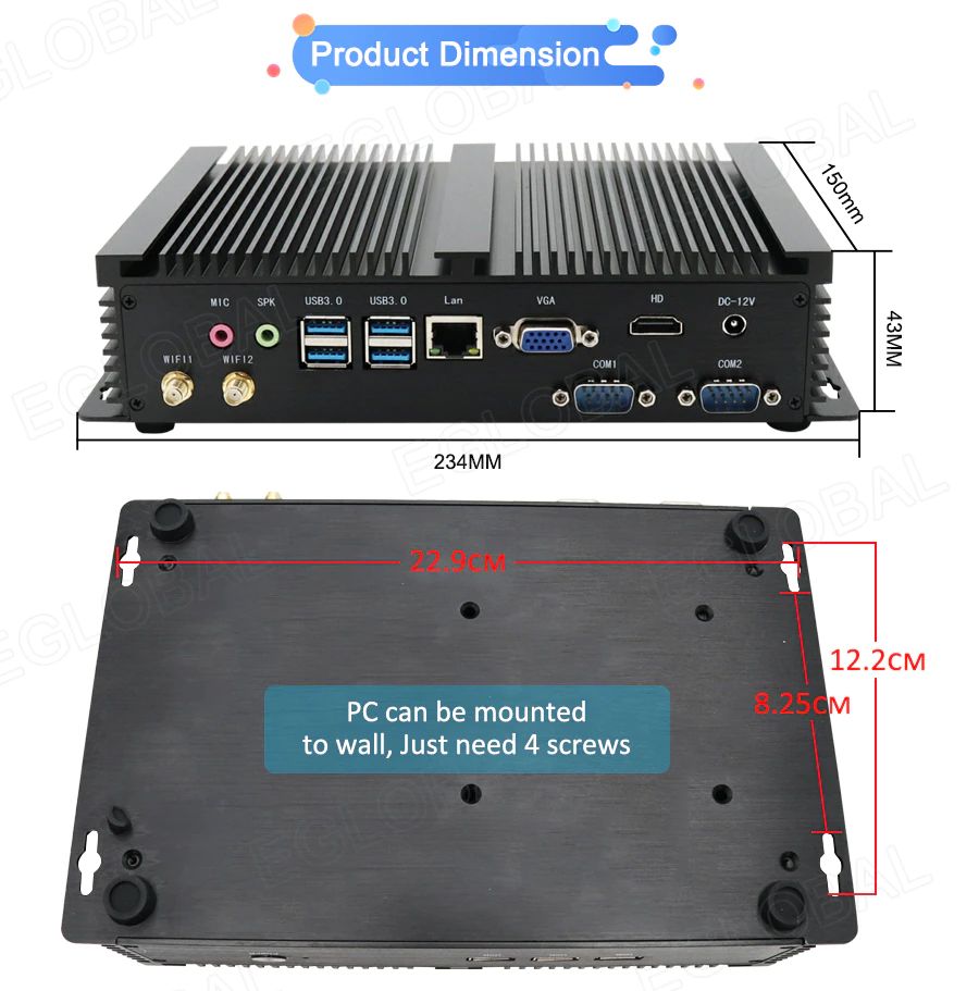 Image of powerful computer with passive cooling for industrial applications: in commerce, production, offices. Well equipped with interfaces for connecting different peripherals