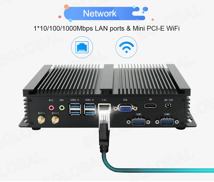 Image of powerful computer with passive cooling for industrial applications: in commerce, production, offices. Well equipped with interfaces for connecting different peripherals