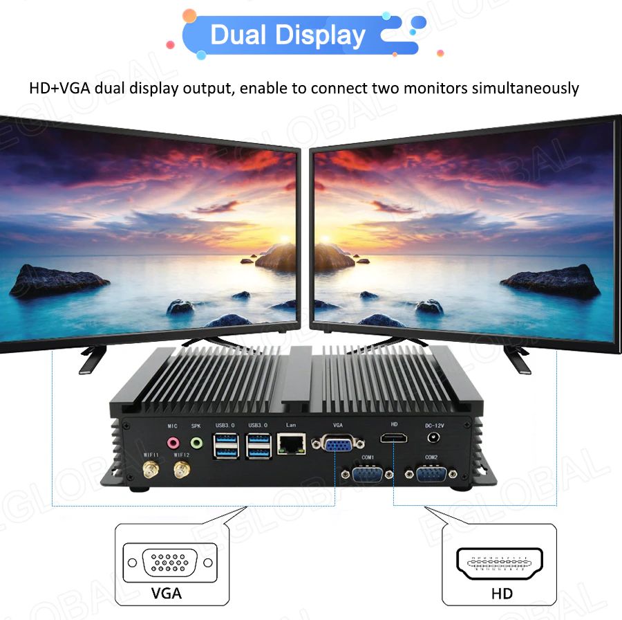 Image of powerful computer with passive cooling for industrial applications: in commerce, production, offices. Well equipped with interfaces for connecting different peripherals