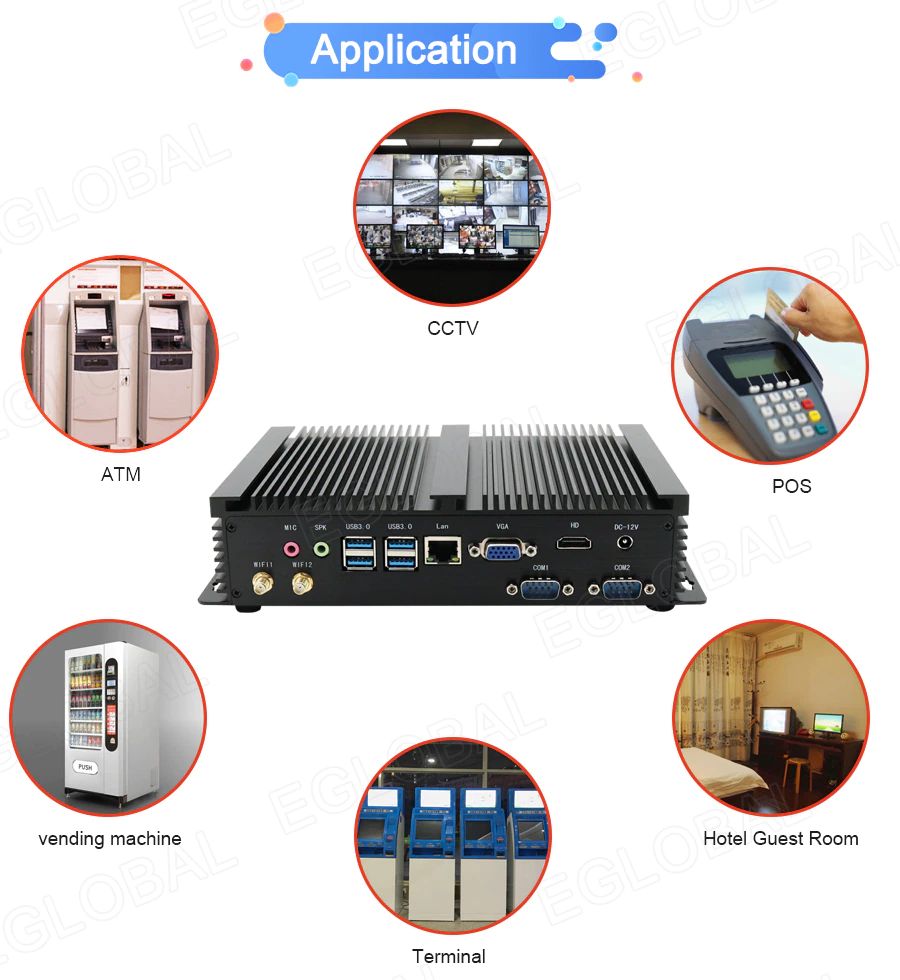 Image of powerful computer with passive cooling for industrial applications: in commerce, production, offices. Well equipped with interfaces for connecting different peripherals