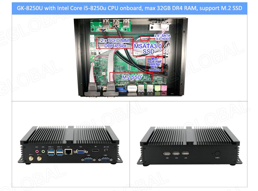 Image of powerful computer with passive cooling for industrial applications: in commerce, production, offices. Well equipped with interfaces for connecting different peripherals